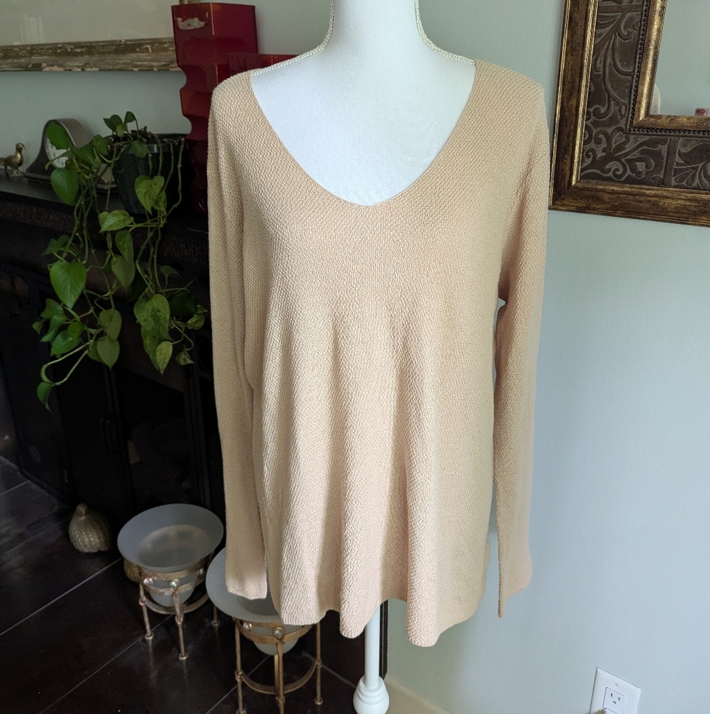 Boston Proper Wms XL Tan V-Neck‎ Textured Stitch Tunic Sweater Light Weight 151